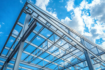 Structure of steel roof frame for building construction on blue sky background.