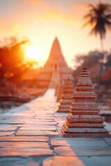 Fototapeta premium A tranquil view of a temple pathway at sunset, featuring intricately designed stone structures leading towards a beautiful horizon bathed in warm light.