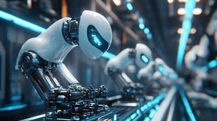 Obraz premium Futuristic robotic arms in a high-tech industrial setting.