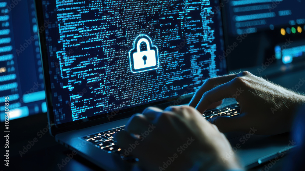 Poster hands typing on laptop with security icon.