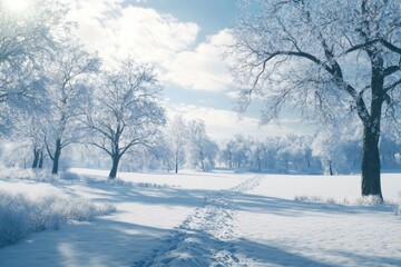 Serene Winter Landscape With Snowy Trees and Blue Sky