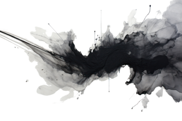 Bold, concentrated black ink splash with intense texture and sharp lines, contrasted by a bright white canvas