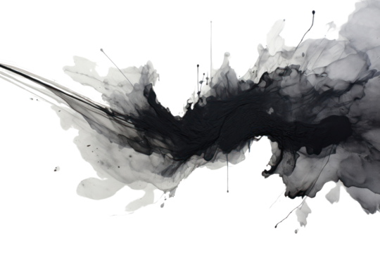 Bold, concentrated black ink splash with intense texture and sharp lines, contrasted by a bright white canvas