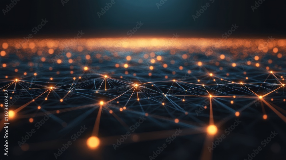 Poster abstract network of glowing nodes and connections on a dark background.