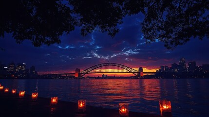 Obraz premium iconic sydney skyline captured at dusk showcasing famous landmarks like the opera house and harbour bridge embodying the spirit of travel and adventure for tourists exploring the vibrant city