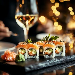 Delicious Salmon Sushi Rolls on Black Slate Plate with Glass of White Wine