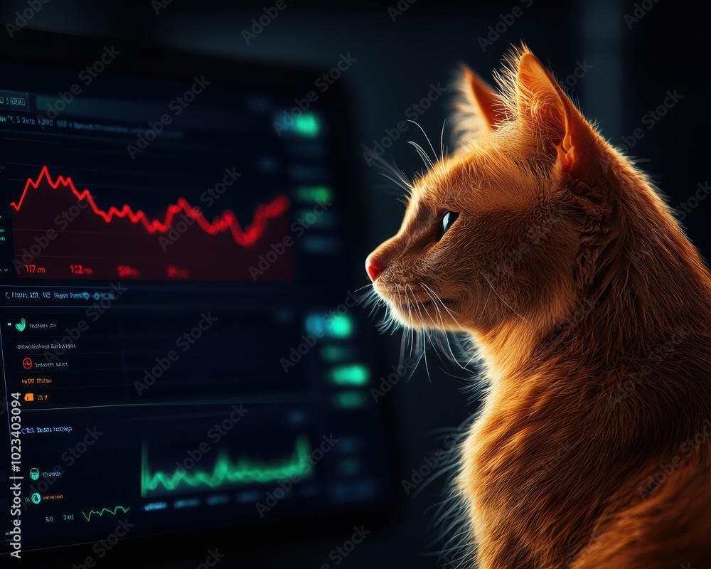 Poster a curious orange cat observes a glowing screen displaying fluctuating financial charts and data tren
