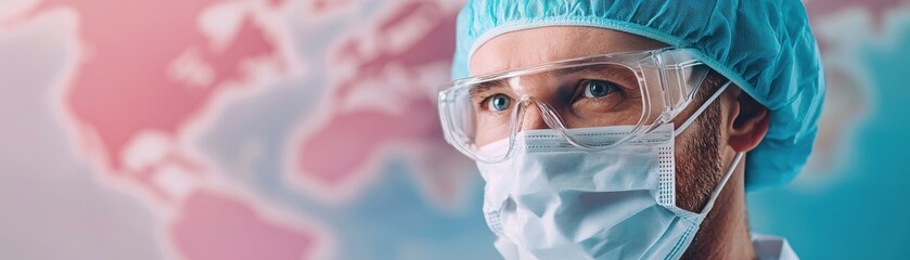 A healthcare professional wearing protective gear, including a face mask and goggles, stands against a world map backdrop, symbolizing global health awareness.