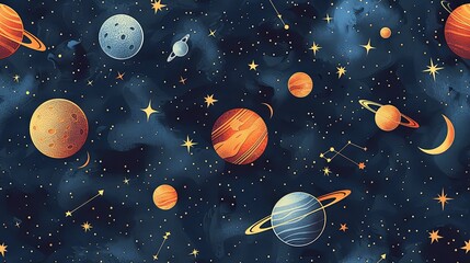 Watercolor Galaxy Pattern with Planets and Stars
