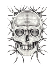 Skull tattoo surreal art hand drawing on paper.