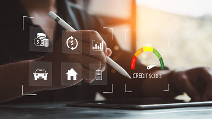 Businessman evaluate customer statistical data with credit score icon. Credit score concept.  Online credit score ranking check. Loan, mortgage and payment cards.