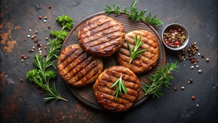 Grilled hamburger meat patties with herbs on a dark background, top view