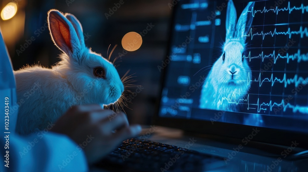Poster a cute rabbit sits beside a laptop displaying a digital image of another rabbit, possibly analyzing 