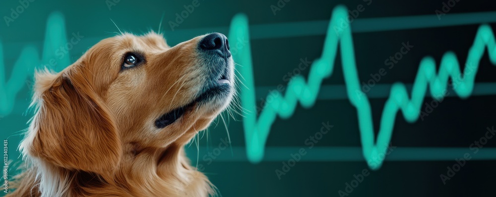 Poster a golden retriever looks upward with a heartbeat graph in the background, combining elements of pet 