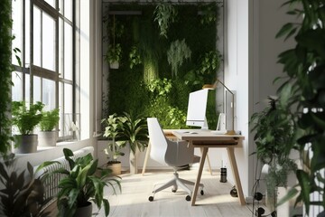 Fototapeta premium Eco-Friendly Workplace with Lush Green Plants and Sustainable Design