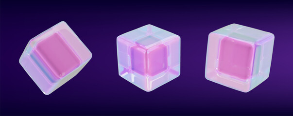 3d render glass neon cube set. Glossy crystal design collection rectangle shape. Contemporary glassmorphism. Vector illustration realistic neon prism. Gradient geometric box hologram effect y3k style
