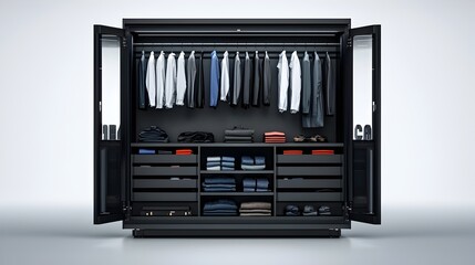 Photograph of a luxurious and contemporary dressing room featuring streamlined black cabinetry and integrated lighting set against a bright and isolated background for a high end minimalist aesthetic