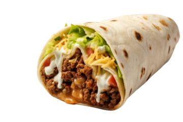 An overhead view of a burrito with a soft tortilla, stuffed with seasoned beef, shredded cheese, and lettuce, neatly placed on a plain white background.