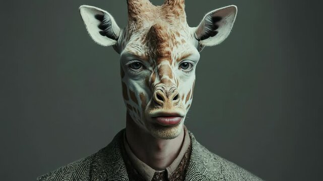 Surreal Portrait of Human with Giraffe Face in Studio Setting