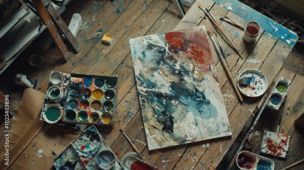 Poster artistic studio workspace with colorful paints and canvas
