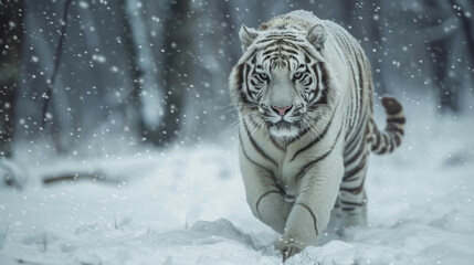 A white bengal tiger cat among snowflakes