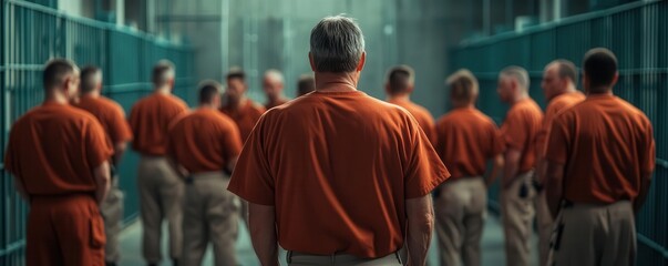 A group of men in orange jumpsuits walk down a prison hallway.