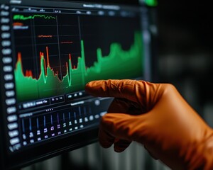 A gloved hand points at a digital screen displaying fluctuating data graphs and charts, indicating analysis or monitoring of statistical information.