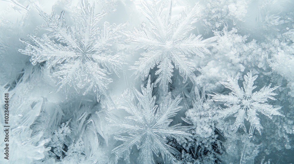 Aufkleber a close-up shot of intricate snowflakes in various sizes and shapes, creating a delicate and frosty 