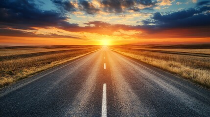 Naklejka premium Road leading towards a vibrant sunset