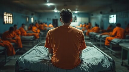 A lone prisoner sits on a bunk bed in a crowded prison cell, his back to the camera, reflecting on his situation.