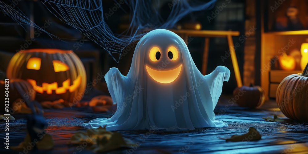 Poster a ghost is standing in front of a pumpkin and a pumpkin carving. the ghost is smiling and he is happ