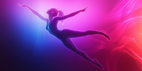 Fototapeta premium A woman is flying through the air in a colorful background. The image has a futuristic and artistic feel to it