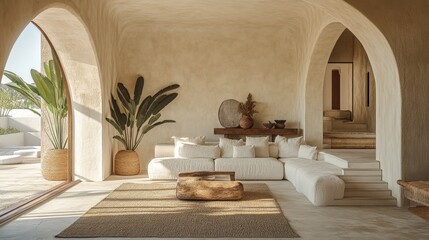 Boho, mediterranean interior design of modern home entryway, hall with arched walls