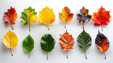 Obraz premium A row of leaves with different colors, including green, yellow, and brown