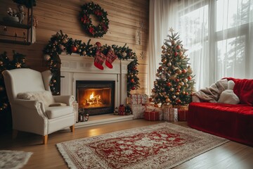 A cozy living room with a fireplace, a Christmas tree, and a red chair. The room is decorated with Christmas decorations, including a wreath on the mantle and a red rug. The atmosphere is warm