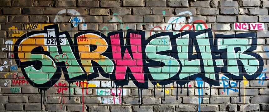 Vibrant Street Art on Brick Wall: NWA Graffiti - Unique Abstract Background