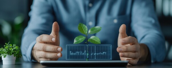 A professional advisor analyzing climate finance data on a digital screen, surrounded by eco-friendly infrastructure, green bonds, and clean energy assets