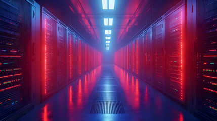 Server Room Interior with Neon Lights - 3D Illustration