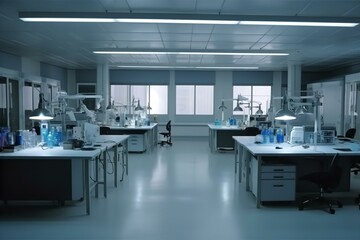 An empty contemporary office interior featuring chairs and a desk, designed for meetings and business activities