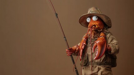Fototapeta premium Lobster Dressed as Fisherman with Fishing Rod