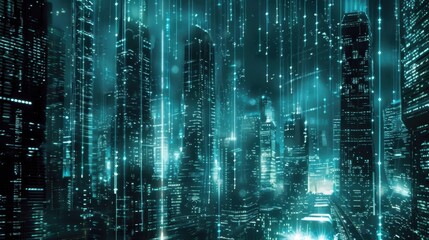 Obraz premium Futuristic Cityscape with Digital Rain Effect