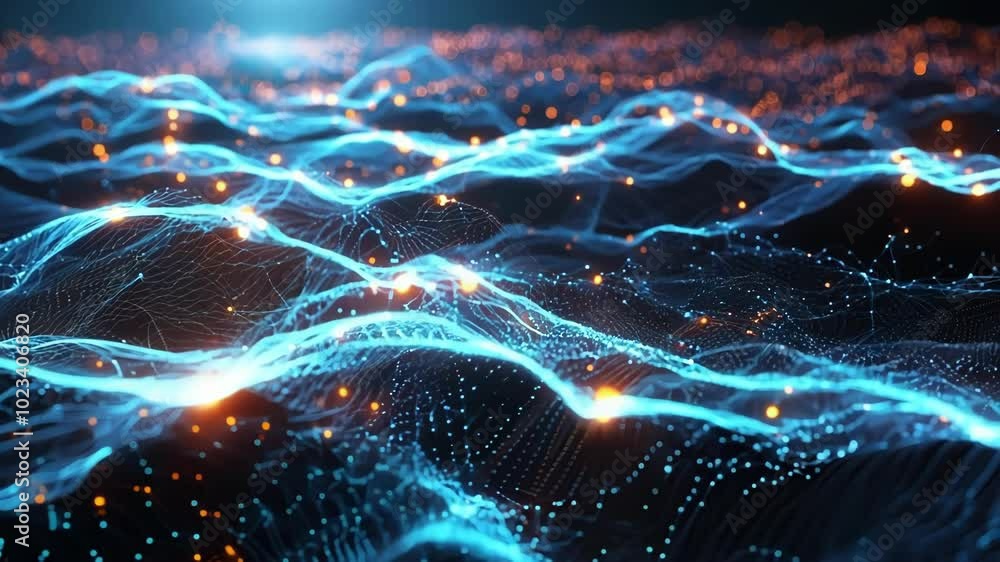 Poster abstract background showing a digital landscape of particles forming a wave shape with blue lines an