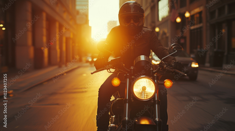 Wall mural motorcycle rider in helmet and gear racing at high speed on the nighttime background with motion blu