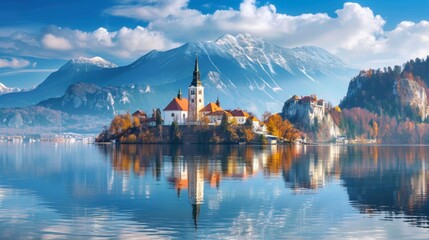 Fototapeta premium Picturesque Lake Bled with Medieval Castle and Mountain Backdrop in Idyllic Alpine Landscape Austria
