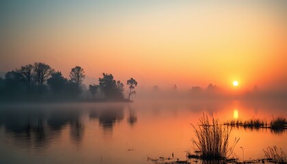 Obraz premium Serene Sunset Lake Reflections: Peaceful Evening Scene