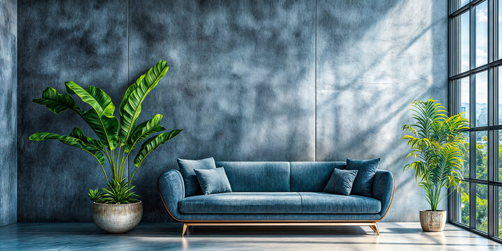 Canap&eacute; bleu design devant un mur vide en b&eacute;ton 
