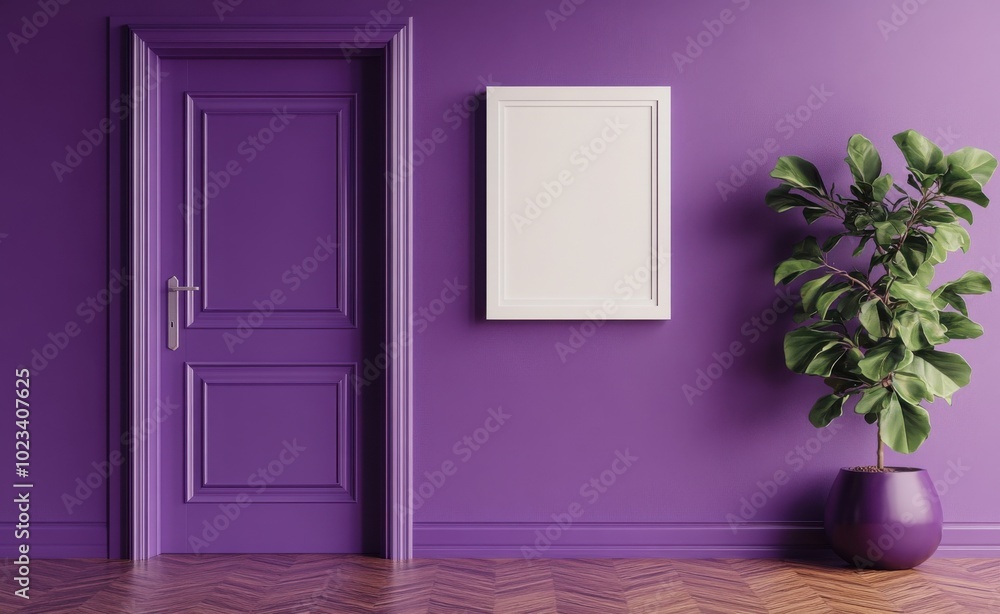 Poster photo of a purple door with an empty picture frame on the wall, next to it is a plant in front of a 