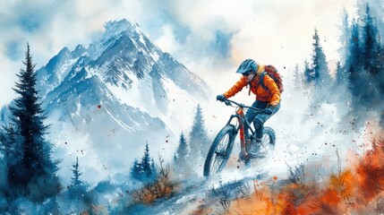 Two mountain bikers navigate a winding trail in a snowy alpine setting, surrounded by towering peaks and pine trees. the dynamic scene thrill and adventure of cycling in winter. ideal for outdoor