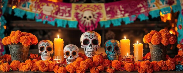 Fototapeta premium Vibrant altar decorated with colorful skulls, marigolds, and candles for a traditional celebration honoring the departed.