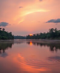 Naklejka premium Serene Sunset Over Tranquil Lake with Silhouetted Trees